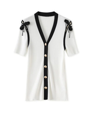 Openwork Knit Cardigan with Contrast Frogs