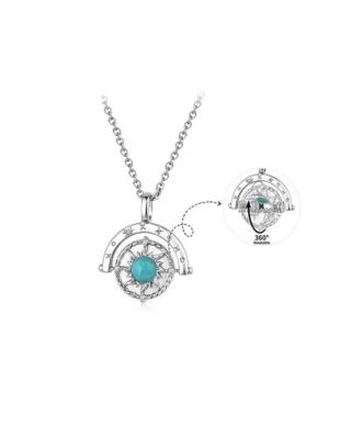 Original Blue Chalcedony Sun and Moon Reversible Copper Plated with White Gold Necklace