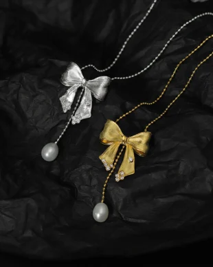 Original Copper Alloy Bowknot Zircon & Pearl Necklace