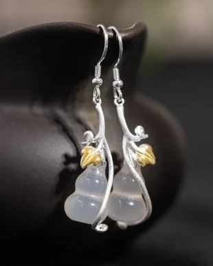 Original Ethnic-Style Gourd Vine Agate Earrings in S925 Sterling Silver