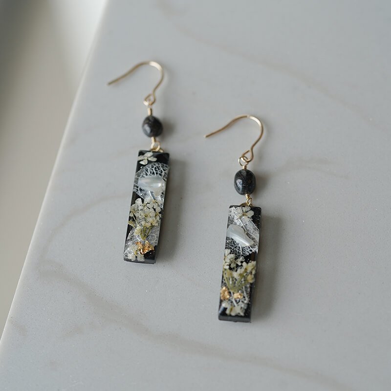 Cottagecore black floral earrings with forget-me-nots, antique silver studs, handmade poetry reading jewelry for garden picnics