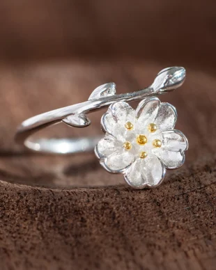 Original S925 Sterling Silver Sakura Cherry Blossom Open Adjustable Ring