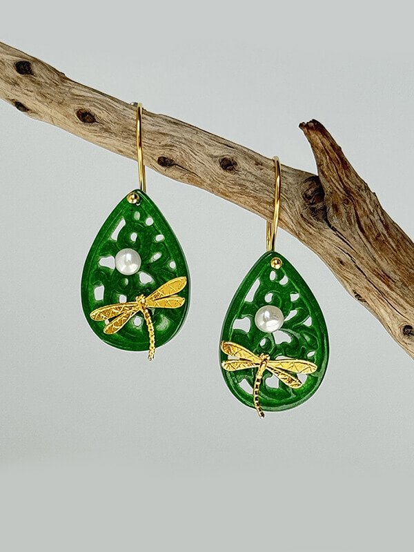 Original Silver Dragonfly Pearl Jade Earrings 1