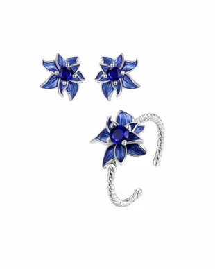 Original Sterling Silver Blue Lotus Design Earrings Ring