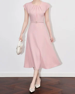 Pink French-Inspired Slimming Belted Dress