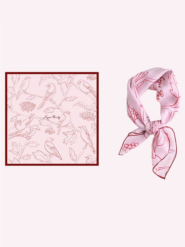 Artisan silk scarf headband reversible design, pink woodland print on cream