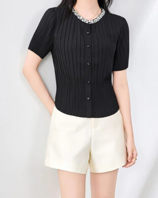 Pleated Chiffon Top with Crystal Embellishments