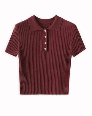 Polo neck short-sleeved knit top