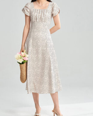 Puff Sleeve High Waist Apricot Dress