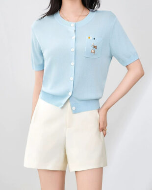 Rabbit-Embroidered Cooling Short-Sleeve Cardigan