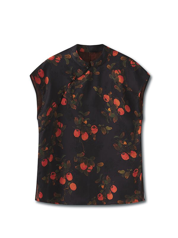 Retro Jacquard Print Blouse with Stand Collar 1