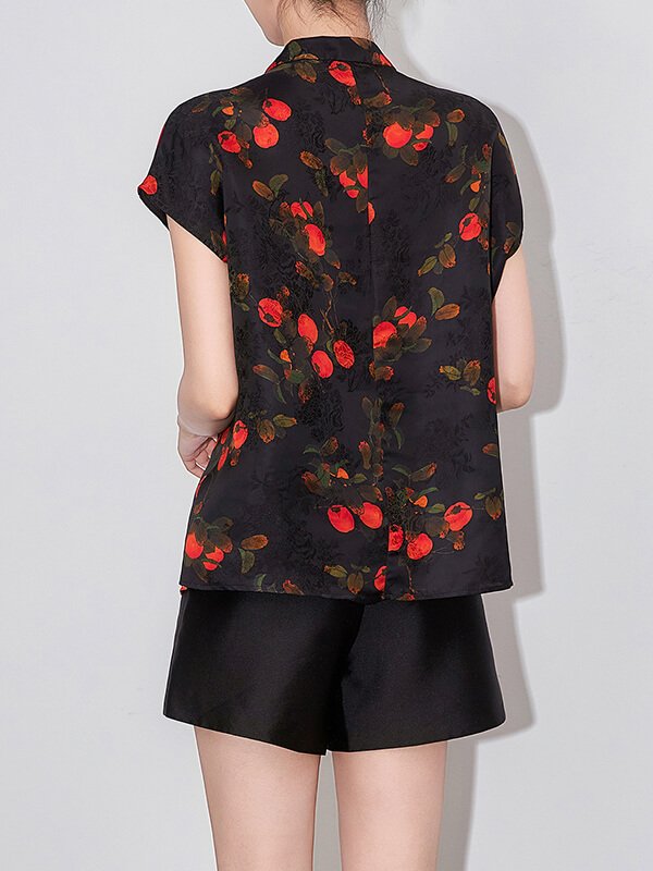 Thermoregulating Linen Blend Blouse - EMF Shielded Stand Collar Retro Print Top