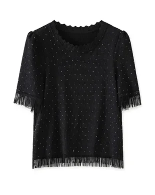 Rhinestone-Embellished Fringed Tee