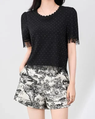 Rhinestone-Embellished Fringed Tee