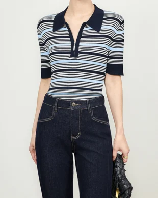 Royal Blue Lightweight Striped Knit Polo Shirt