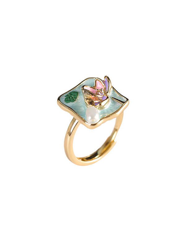 S925 Gold-Plated Enamel Lotus Pearl Ring 1