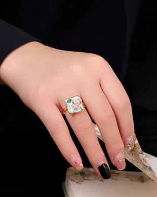 S925 Gold-Plated Enamel Lotus Pearl Ring
