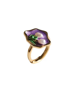 S925 Gold-Plated Enamel Monet's Garden Pearl Ring