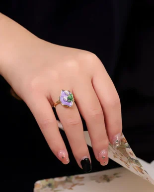 S925 Gold-Plated Enamel Monet's Garden Pearl Ring