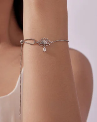 S925 Silver Adjustable Lotus Cord Bracelet