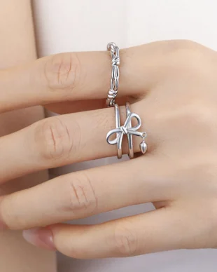 S925 Silver Heart Bell Bow Ring