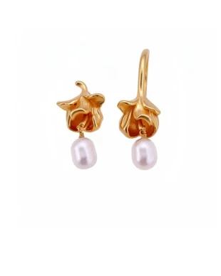S925 Silver Post 18K Gold Plated Freshwater Pearl Flower Asymmetric Earrings