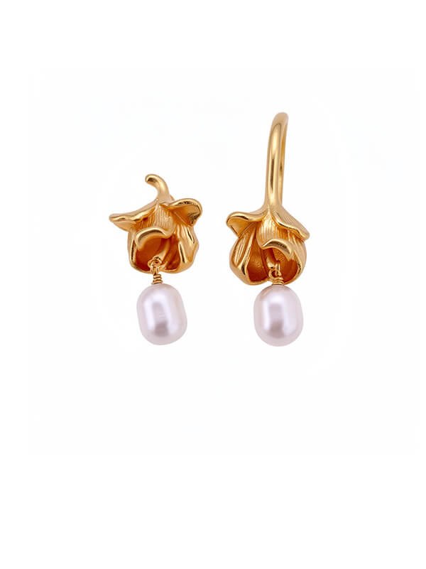 S925 Silver Post 18K Gold Plated Freshwater Pearl Flower Asymmetric Earrings 1