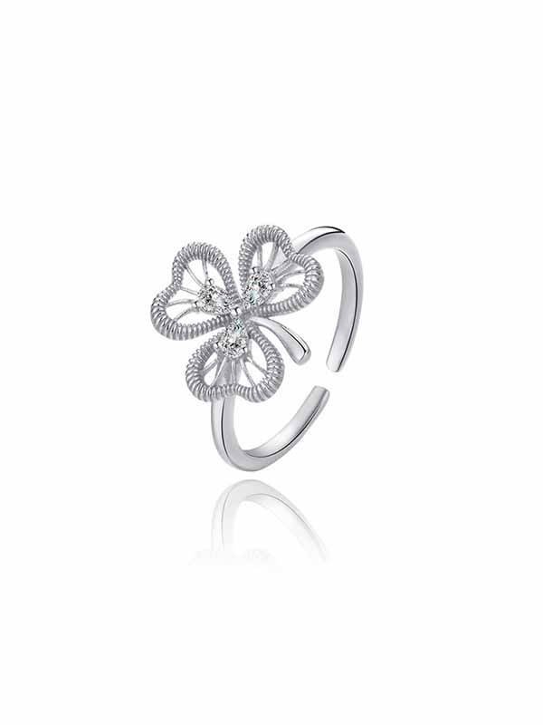 S925 Sterling Silver Brushed Finish Floral Zircon Ring 1