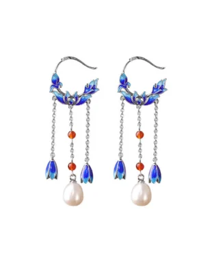 S925 Sterling Silver Enamel Pearl Fringe Long Earrings