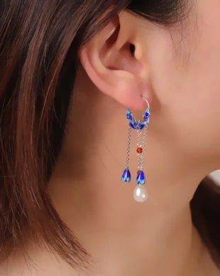 S925 Sterling Silver Enamel Pearl Fringe Long Earrings