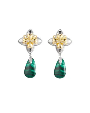 S925 Sterling Silver Floral Teardrop Malachite Dangle Earrings