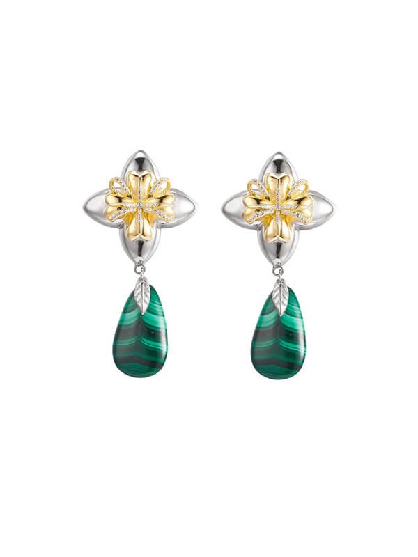 S925 Sterling Silver Floral Teardrop Malachite Dangle Earrings 1