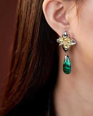 S925 Sterling Silver Floral Teardrop Malachite Dangle Earrings