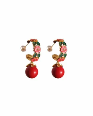 S925 Sterling Silver Gold-Plated Enamel Round Bead Vermilion Earrings