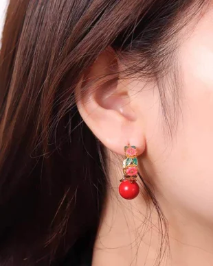S925 Sterling Silver Gold-Plated Enamel Round Bead Vermilion Earrings