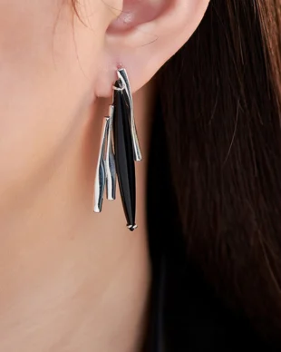 S925 Sterling Silver Irregular Long Black Onyx Drop Earrings