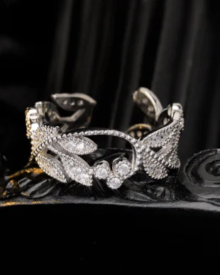 S925 Sterling Silver Leaf Openwork Diamond-Accented Ring