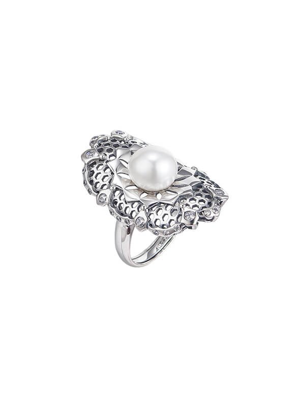 S925 Sterling Silver Openwork Oval Freshwater Pearl Adjustable Ring 1