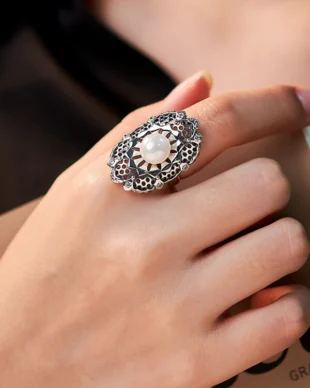 S925 Sterling Silver Openwork Oval Freshwater Pearl Adjustable Ring