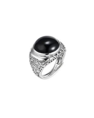 S925 Sterling Silver Round Black Onyx Ring with Openwork Design