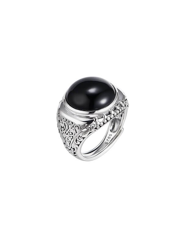 S925 Sterling Silver Round Black Onyx Ring with Openwork Design 1