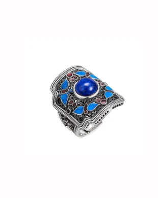 S925 Sterling Silver Vintage Enamel Filigree Ring with Lapis Lazuli