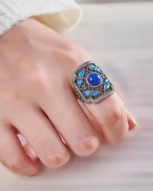S925 Sterling Silver Vintage Enamel Filigree Ring with Lapis Lazuli