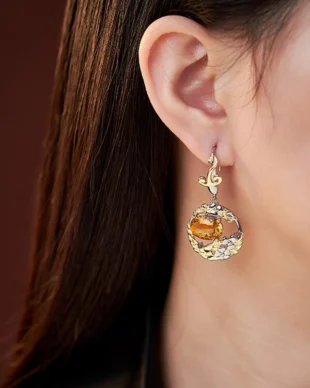S925 Sterling Silver Vintage Floral Citrine Earrings