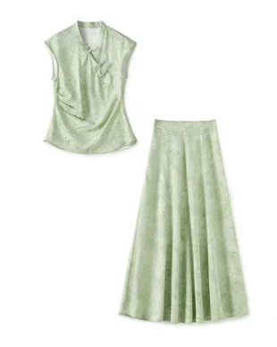 Seafoam Green Waist-Cinching Top and Skirt Set
