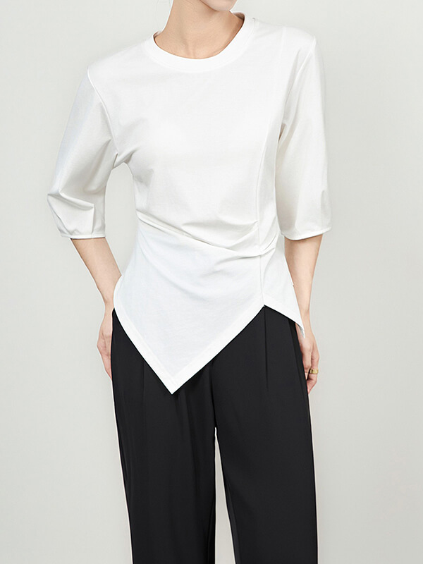 Short-Sleeve Asymmetric Draped Waist-Defining Tee