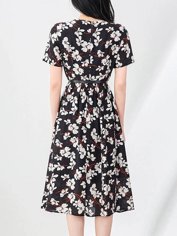 Phase Change Tencel Linen Dress - Climate-Responsive Belted 4-Season Print Gown