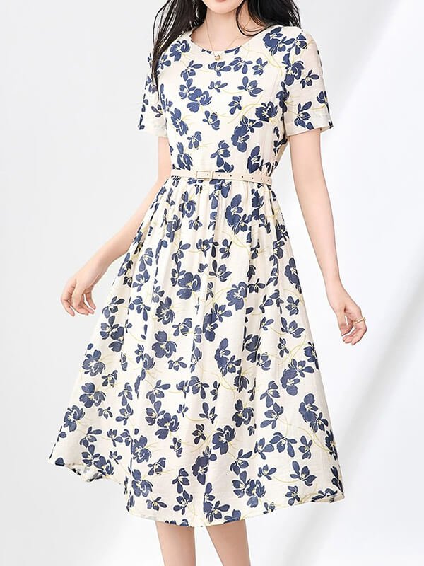 AI-Archival Print Dress - Digitally Restored 1930s Belted Tencel Linen Gown