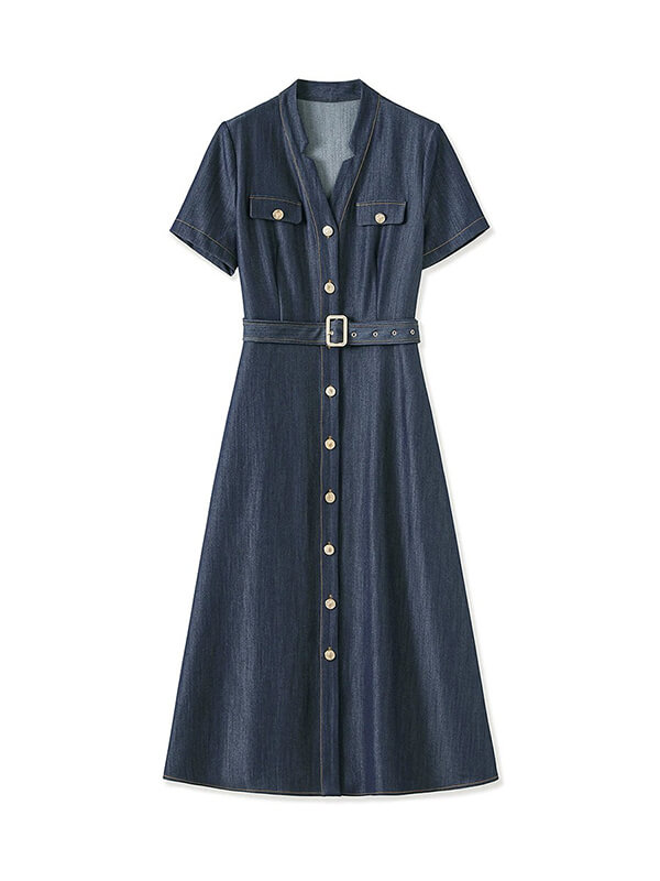 Short-Sleeve Denim Shirt A-Line Dress