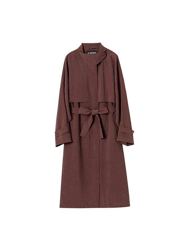 Crush-resistant silk trench coat for business travel, double-breasted with RFID pocket flat lay